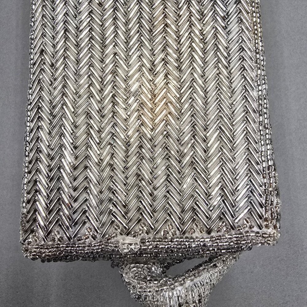 VTG Silver Beaded Herringbone Evening Bag Top Handle 50s La Regale READ - Picture 6 of 15